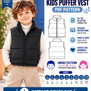 May include: A digital PDF sewing pattern for a kids puffer vest, featuring a black quilted vest with a front zipper, technical line drawings, size charts ranging from 6 months to 10 years, and text including Kids Puffer Vest and Instant Download.