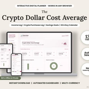 Könnte beinhalten: Ein interaktiver digitaler Planer mit dem Titel The Crypto Dollar Cost Average, der ein automatisiertes Dashboard mit Einkommensprotokollen, Kaufprotokollen, Sparzielen und einem Kalender bietet. Die Oberfläche zeigt Finanzdaten und 13 Reiter.