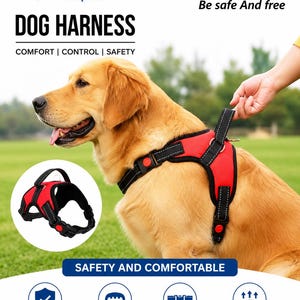 Könnte beinhalten: Ein rotes Hundegeschirr mit schwarzem Rand und reflektierenden Nähten, ausgestattet mit einem Haltegriff, verstellbaren Riemen und Schnallen. Der Text lautet Zeden enterprises, DOG HARNESS, COMFORT | CONTROL | SAFETY, Let your Dog Be safe And free.