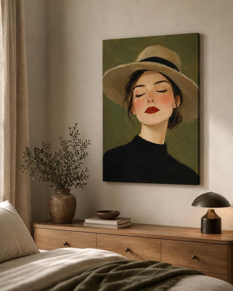 May include: A canvas wall art print featuring a portrait of a person wearing a wide-brimmed beige hat with a black band and a black high-neck top. The subject has closed eyes, rosy cheeks, and bright red lips, set against a solid olive green background.