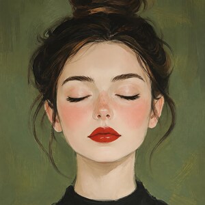 Puede incluir: Una pintura digital de una persona con cabello casta&ntilde;o oscuro recogido en un mo&ntilde;o desordenado, ojos cerrados, pecas claras y labios rojos brillantes. La persona viste una prenda negra de cuello alto sobre un fondo de color verde oliva.