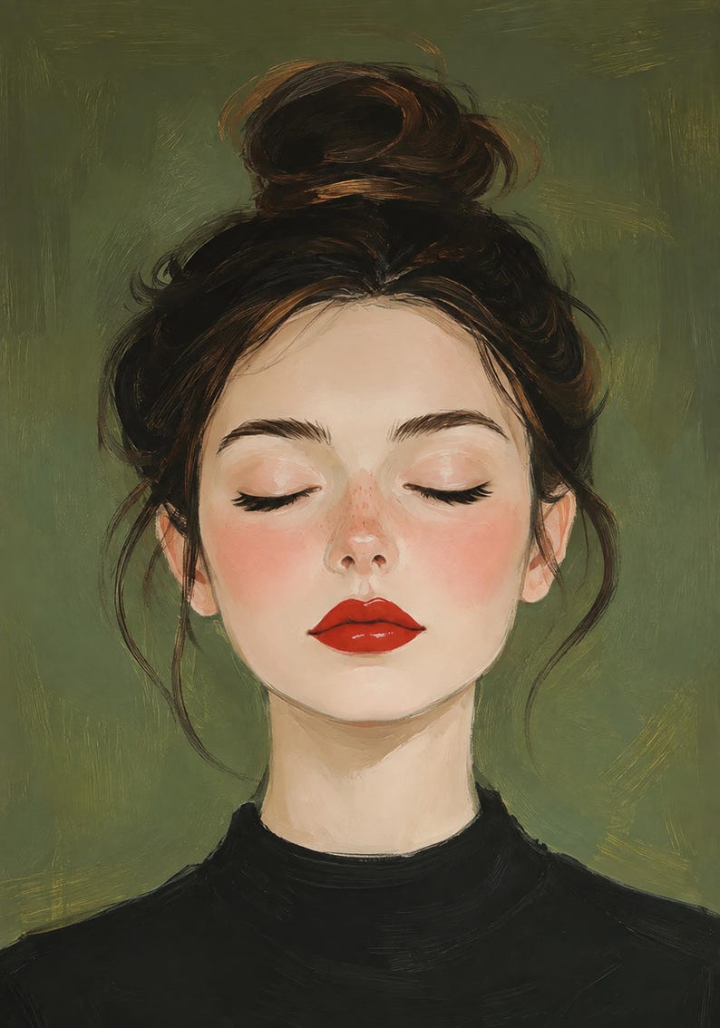 Puede incluir: Una pintura digital de una persona con cabello casta&ntilde;o oscuro recogido en un mo&ntilde;o desordenado, ojos cerrados, pecas claras y labios rojos brillantes. La persona viste una prenda negra de cuello alto sobre un fondo de color verde oliva.