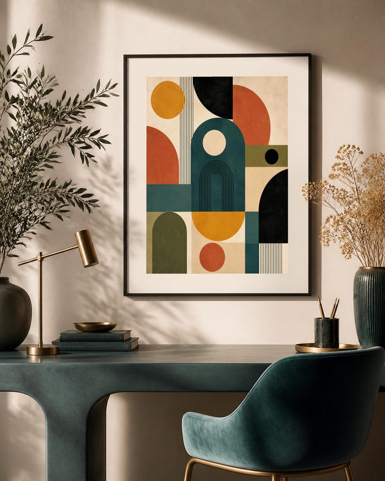 Puede incluir: Una l&aacute;mina de arte mural enmarcada con una composici&oacute;n geom&eacute;trica de c&iacute;rculos, semic&iacute;rculos y arcos en una paleta de amarillo mostaza, naranja quemado, azul verdoso profundo, verde oliva y negro sobre un fondo crema con l&iacute;neas verticales.