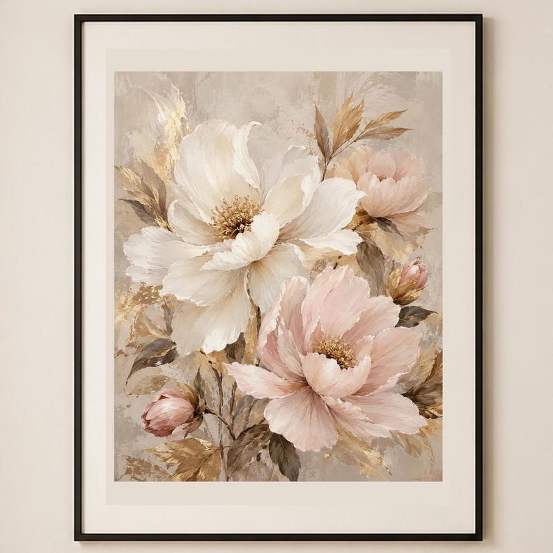 May include: A framed wall art print featuring a floral arrangement of large white and soft pink peony blossoms. The painting includes textured brushstrokes in shades of beige, cream, and gold, with dark brown foliage accents and a thin black frame.