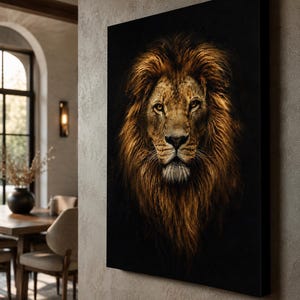 May include: A rectangular canvas wall art piece featuring a detailed portrait of a lion with a thick, golden-brown mane against a solid black background. The lion is shown from the front, displaying amber eyes, a dark nose, and textured fur.