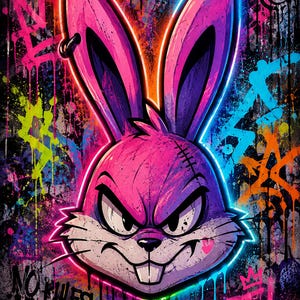 Peut inclure: Une illustration de style graffiti repr&eacute;sentant une t&ecirc;te de lapin violette et rose avec de longues oreilles, un piercing &agrave; l'oreille et un petit c&oelig;ur sur la joue. Le fond pr&eacute;sente des &eacute;claboussures de peinture, des couronnes et le texte NO RULES et REBEL.