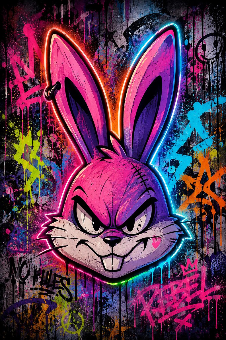 Peut inclure: Une illustration de style graffiti repr&eacute;sentant une t&ecirc;te de lapin violette et rose avec de longues oreilles, un piercing &agrave; l'oreille et un petit c&oelig;ur sur la joue. Le fond pr&eacute;sente des &eacute;claboussures de peinture, des couronnes et le texte NO RULES et REBEL.