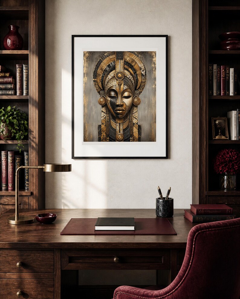Puede incluir: Una impresi&oacute;n art&iacute;stica enmarcada que presenta un retrato estilizado de una persona con un tocado dorado ornamentado y patrones faciales intrincados en tonos oro, negro y bronce, exhibida en un marco negro sobre una pared neutra.