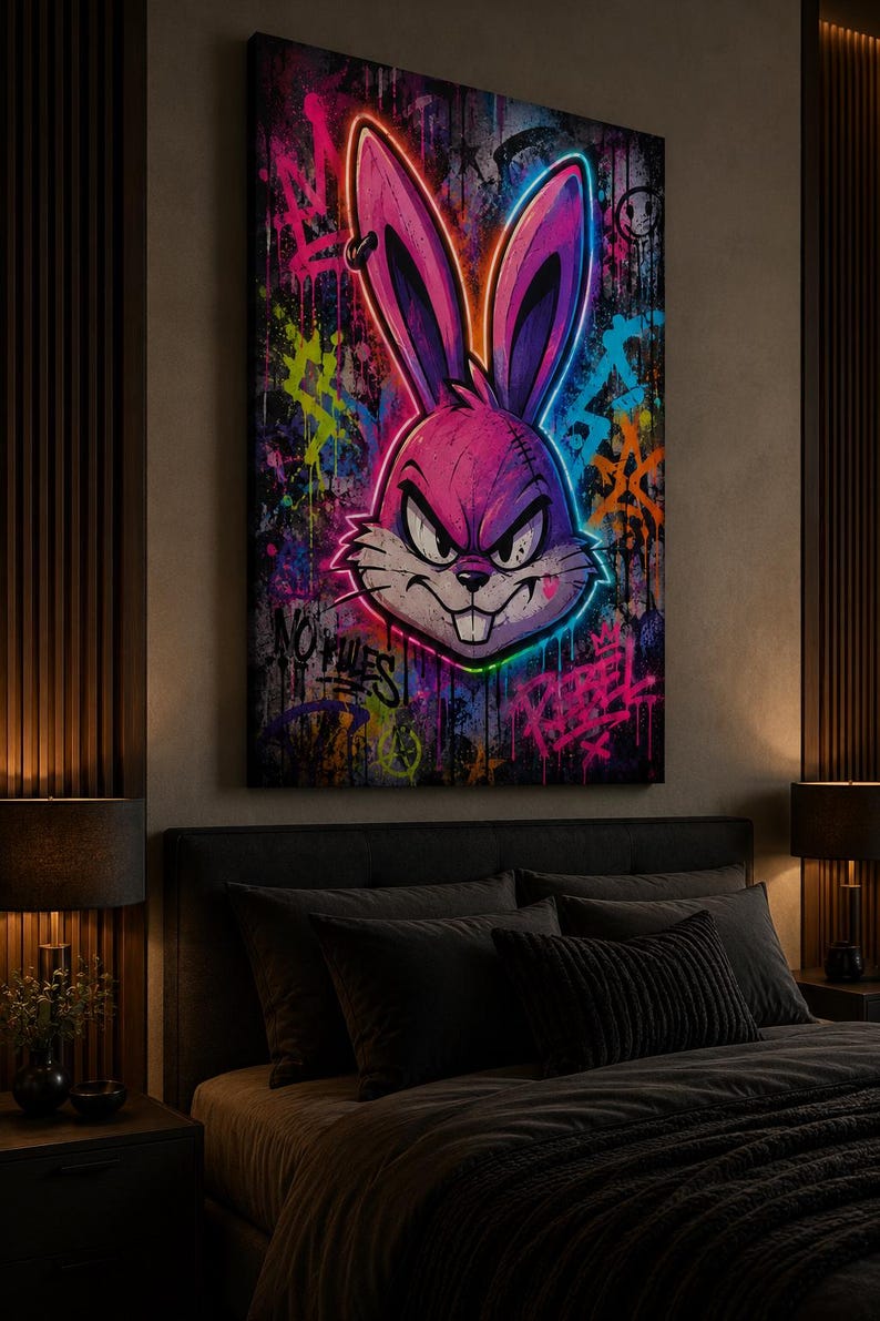 Peut inclure: Une toile murale rectangulaire pr&eacute;sentant une illustration graffiti vibrante d'une t&ecirc;te de lapin rose avec des contours n&eacute;on lumineux. Le fond est une surface sombre et textur&eacute;e couverte d'&eacute;claboussures de peinture et du texte NO RULES.