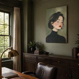 Puede incluir: Una impresi&oacute;n de arte mural rectangular que presenta el retrato de una persona con cabello oscuro corto, ojos cerrados y labios rojos brillantes, vistiendo un su&eacute;ter de cuello alto negro, exhibida en una habitaci&oacute;n con paredes verde oliva.