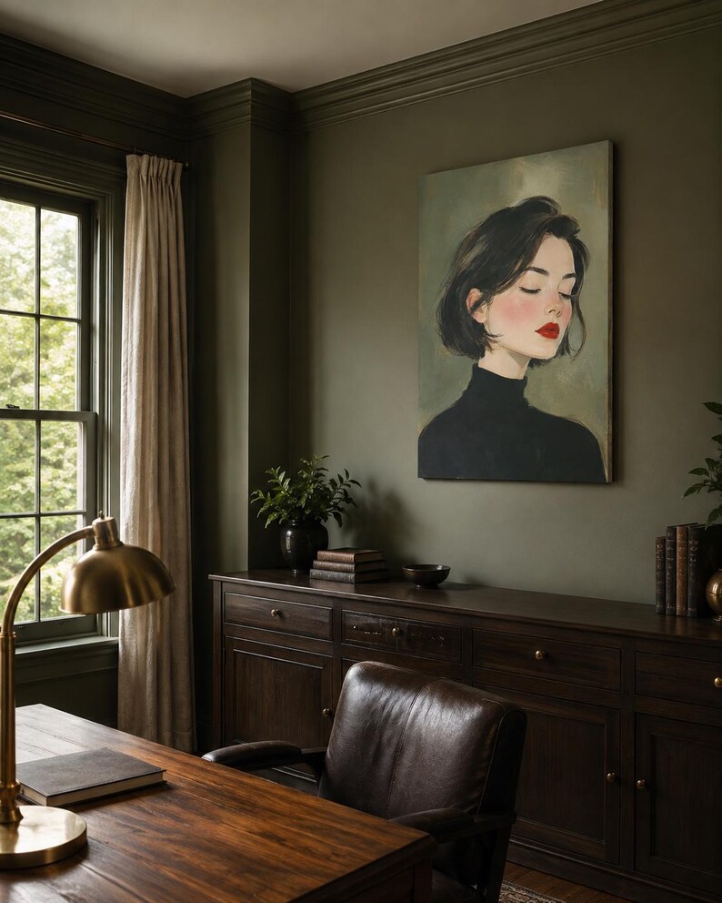 Puede incluir: Una impresi&oacute;n de arte mural rectangular que presenta el retrato de una persona con cabello oscuro corto, ojos cerrados y labios rojos brillantes, vistiendo un su&eacute;ter de cuello alto negro, exhibida en una habitaci&oacute;n con paredes verde oliva.