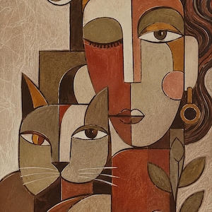 May include: A painting featuring a stylized human face and a cat side-by-side. The composition uses geometric shapes in shades of brown, terracotta, and cream. A circular earring, a crescent moon, and a small plant with three leaves are visible.