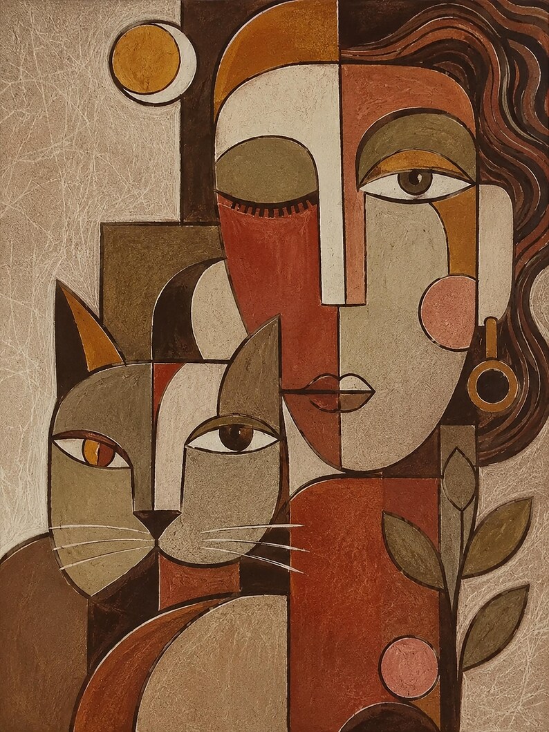 May include: A painting featuring a stylized human face and a cat side-by-side. The composition uses geometric shapes in shades of brown, terracotta, and cream. A circular earring, a crescent moon, and a small plant with three leaves are visible.