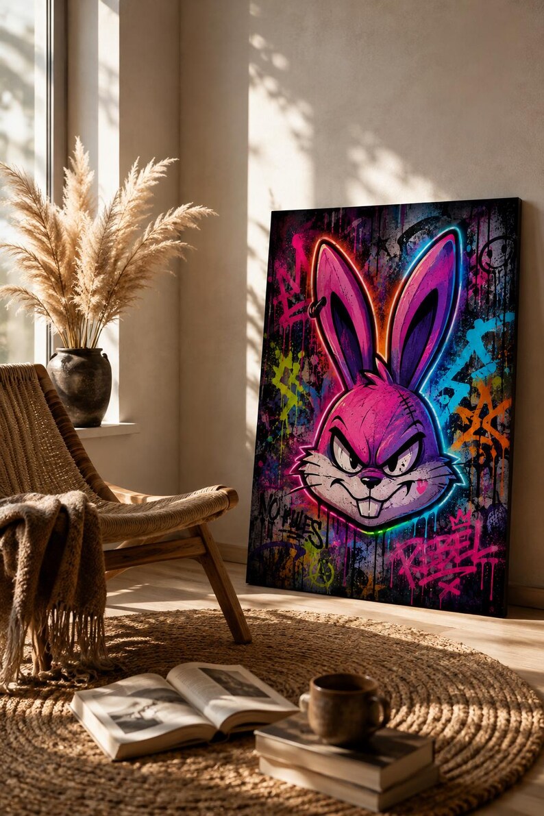 Peut inclure: Une impression d'art mural rectangulaire repr&eacute;sentant une illustration de style graffiti vibrante d'une t&ecirc;te de lapin rose et violette avec des contours n&eacute;on lumineux. Le fond est une surface sombre et textur&eacute;e couverte de graffitis.