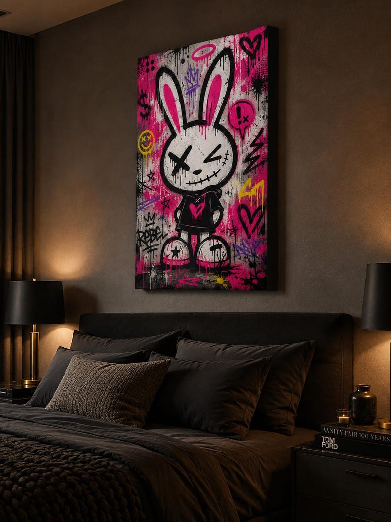 May include: A rectangular canvas wall art piece featuring a graffiti-style illustration of a white rabbit character with long ears, X-shaped eyes, and a stitched mouth. The rabbit wears a black hoodie with a pink heart and stands against a vibrant pink and black background filled with spray paint splatters, crowns, dollar signs, and the word REBEL.