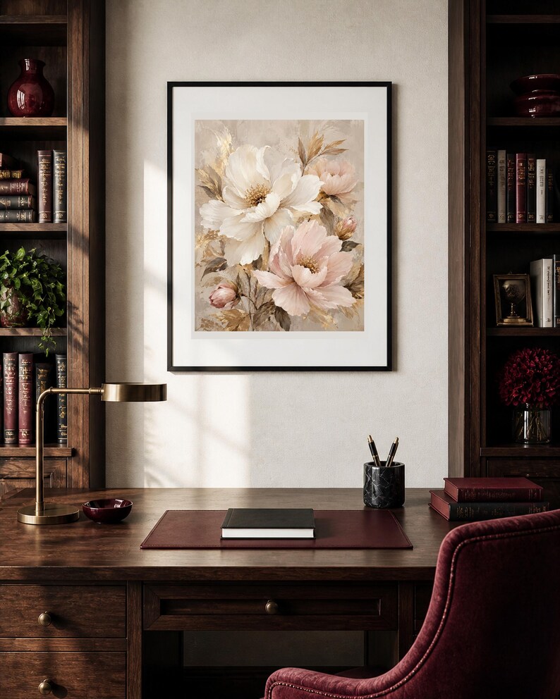 May include: A framed wall art print featuring a botanical illustration of large, layered white and soft pink peony flowers with golden-brown foliage accents, set against a neutral, textured background within a simple black frame.