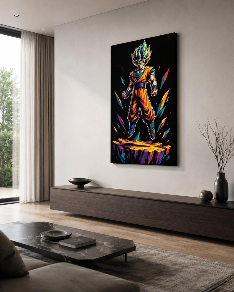 Puede incluir: Un cuadro rectangular de pared con una ilustraci&oacute;n estilizada de un personaje de pelo puntiagudo con un gi naranja y azul, flotando sobre una plataforma dentellada y brillante sobre un fondo negro con fragmentos de energ&iacute;a coloridos y afilados.