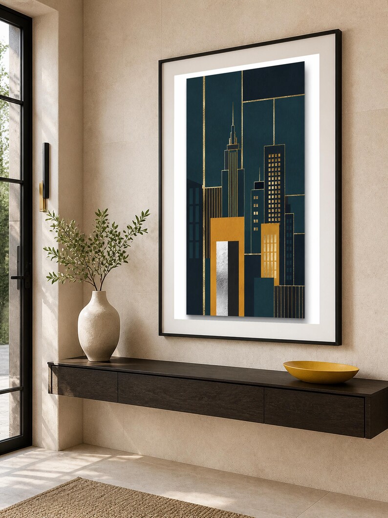 Puede incluir: Una impresi&oacute;n de arte mural vertical enmarcada que presenta un horizonte urbano estilizado en azul marino profundo, amarillo mostaza y oro met&aacute;lico. La composici&oacute;n muestra siluetas de edificios geom&eacute;tricos con l&iacute;neas doradas finas.