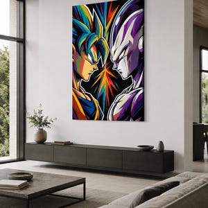 Peut inclure: Une impression d'art mural rectangulaire pr&eacute;sentant une illustration stylis&eacute;e et vibrante de deux personnages se faisant face de profil. Le personnage de gauche a des cheveux bleus et une tenue orange et bleue, celui de droite est violet et blanc.