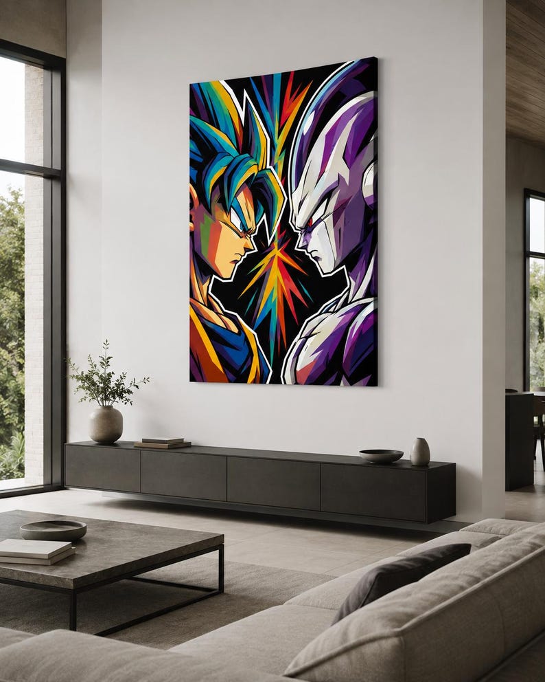 Peut inclure: Une impression d'art mural rectangulaire pr&eacute;sentant une illustration stylis&eacute;e et vibrante de deux personnages se faisant face de profil. Le personnage de gauche a des cheveux bleus et une tenue orange et bleue, celui de droite est violet et blanc.