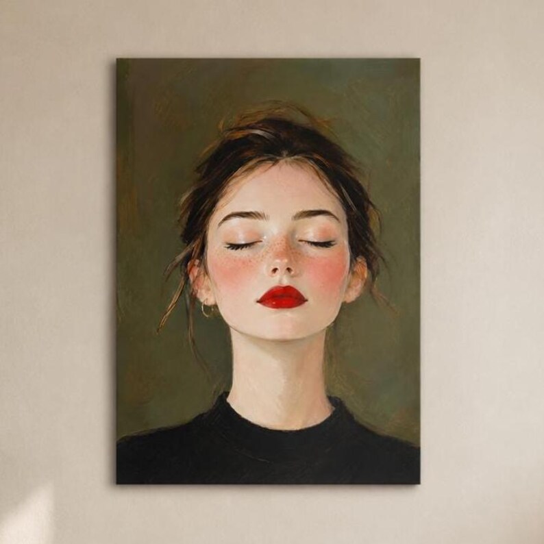 Puede incluir: Un retrato pintado de una persona con los ojos cerrados, vistiendo una camiseta negra. El sujeto tiene piel clara con pecas visibles, mejillas sonrosadas y labios de color rojo brillante. El cabello est&aacute; recogido y el fondo es verde oliva.