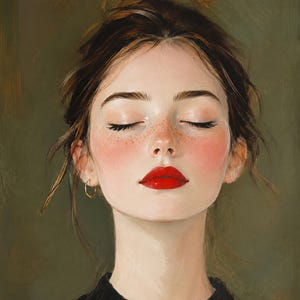Puede incluir: Una pintura al &oacute;leo de una persona con los ojos cerrados, cabello casta&ntilde;o en un recogido suelto y pecas en la nariz. El sujeto lleva pintalabios rojo brillante, colorete rosa en las mejillas y peque&ntilde;os aros dorados sobre un fondo verde oliva.