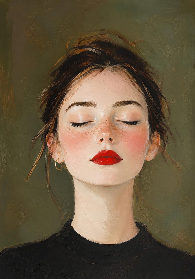 Puede incluir: Una pintura al &oacute;leo de una persona con los ojos cerrados, cabello casta&ntilde;o en un recogido suelto y pecas en la nariz. El sujeto lleva pintalabios rojo brillante, colorete rosa en las mejillas y peque&ntilde;os aros dorados sobre un fondo verde oliva.