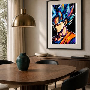 May include: A framed wall art print featuring a stylized portrait of a character with spiky blue hair, sharp facial features, and an orange and blue outfit against a solid black background, displayed in a black rectangular frame.