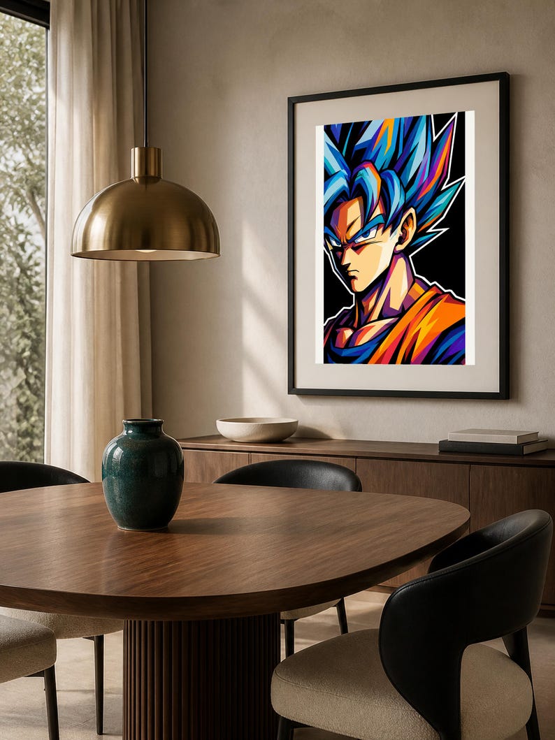 May include: A framed wall art print featuring a stylized portrait of a character with spiky blue hair, sharp facial features, and an orange and blue outfit against a solid black background, displayed in a black rectangular frame.