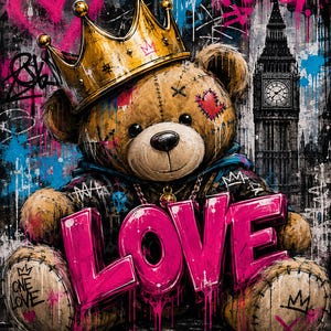 May include: A brown teddy bear wearing a gold crown and a dark hoodie, sitting in front of a black and white illustration of Big Ben. The image features vibrant pink, blue, and yellow graffiti-style paint splatters and the word LOVE in pink.