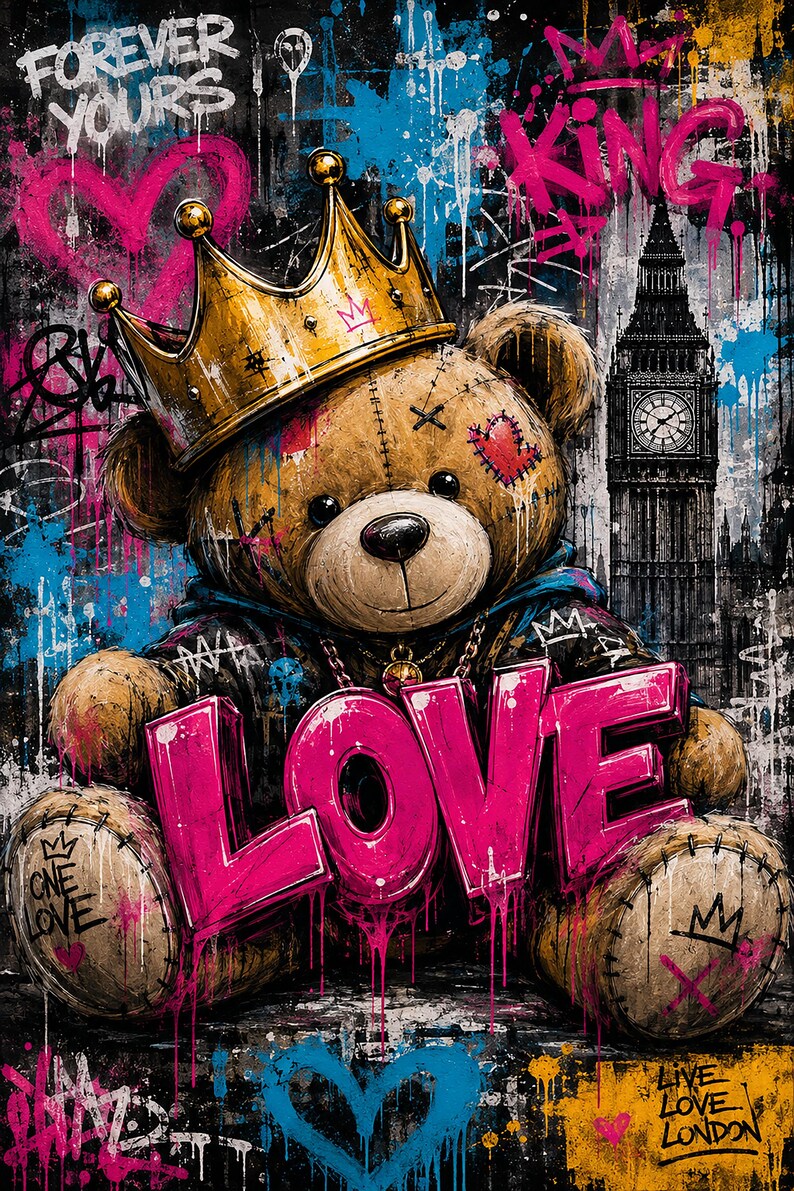 May include: A brown teddy bear wearing a gold crown and a dark hoodie, sitting in front of a black and white illustration of Big Ben. The image features vibrant pink, blue, and yellow graffiti-style paint splatters and the word LOVE in pink.