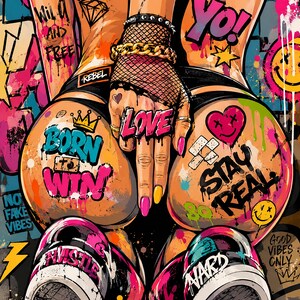 Op de afbeelding: Een levendige digitale illustratie met graffiti-stijl kunst met tekst waaronder BORN TO WIN, LOVE, STAY REAL, HUSTLE en NARD. De afbeelding toont een hand met een visnet-handschoen en gouden ketting, omringd door kleurrijke verfspatten, smileys en harten op een getextureerde achtergrond.