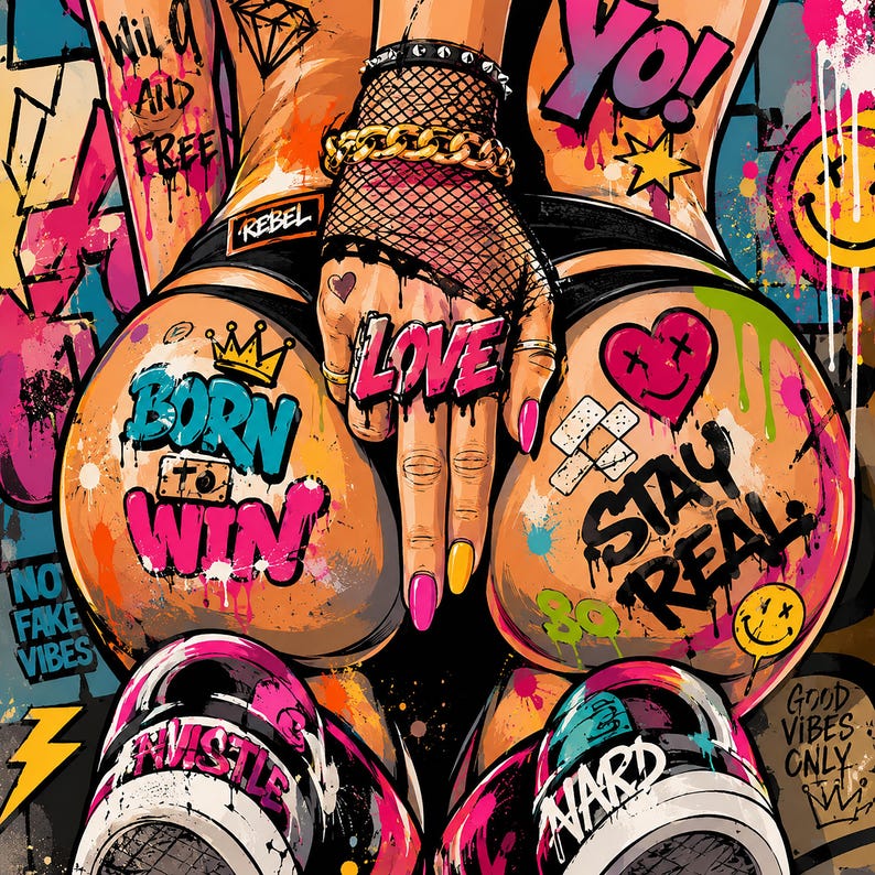 Op de afbeelding: Een levendige digitale illustratie met graffiti-stijl kunst met tekst waaronder BORN TO WIN, LOVE, STAY REAL, HUSTLE en NARD. De afbeelding toont een hand met een visnet-handschoen en gouden ketting, omringd door kleurrijke verfspatten, smileys en harten op een getextureerde achtergrond.