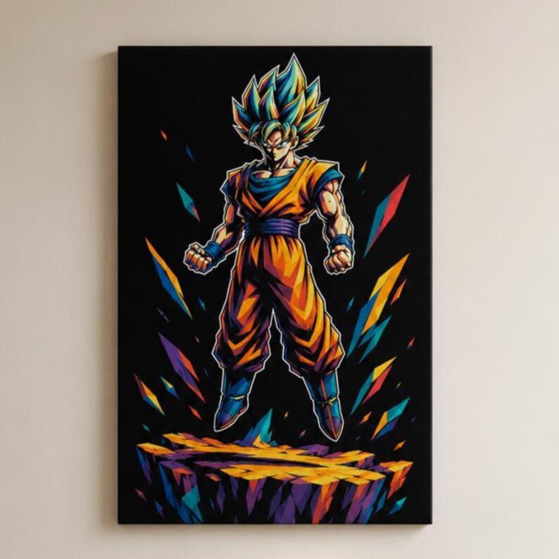 Puede incluir: Una impresi&oacute;n de arte mural rectangular que presenta una ilustraci&oacute;n estilizada de un personaje de cabello puntiagudo con un uniforme de artes marciales naranja, faja y mu&ntilde;equeras azules, sobre una plataforma dentada y colorida en fondo negro.