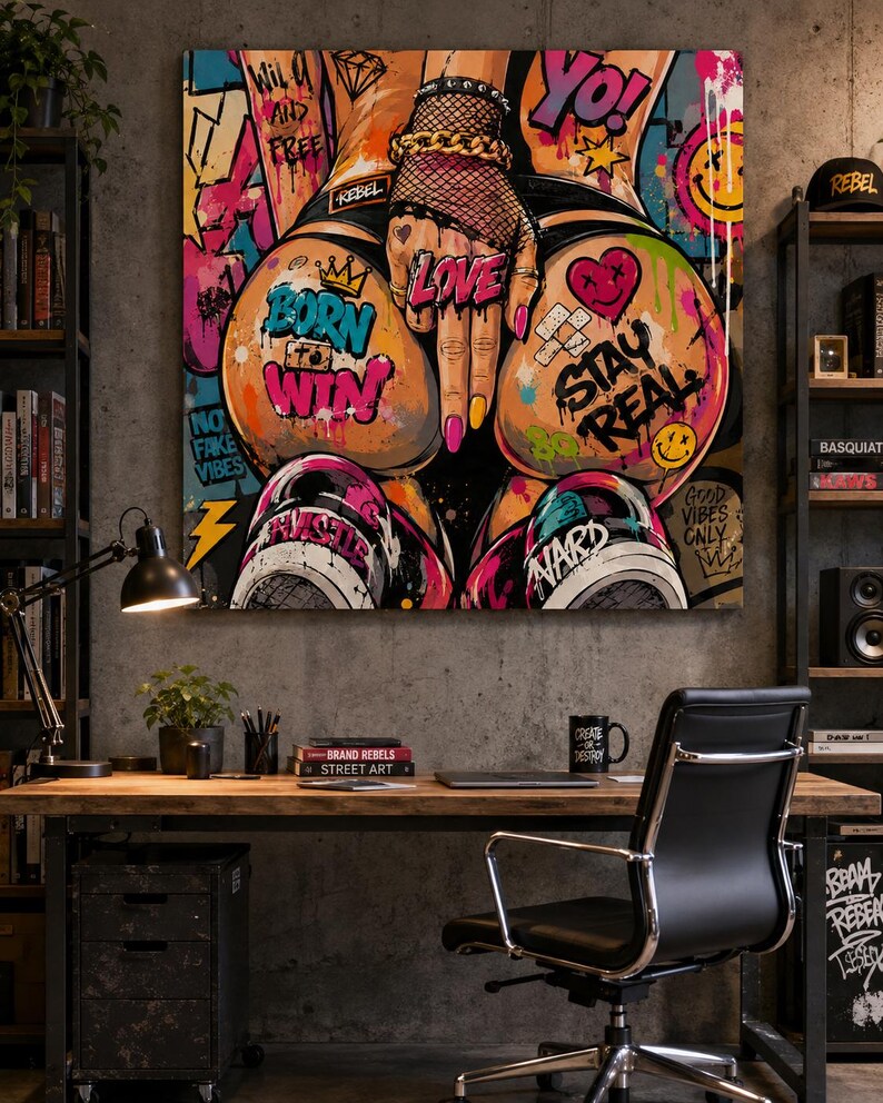 Op de afbeelding: Een vierkant wandkunstwerk met levendige graffiti-stijl straatkunst. De centrale afbeelding toont een persoon met visnet-handschoenen en sneakers, omringd door kleurrijke tags en teksten zoals BORN TO WIN, LOVE en STAY REAL.