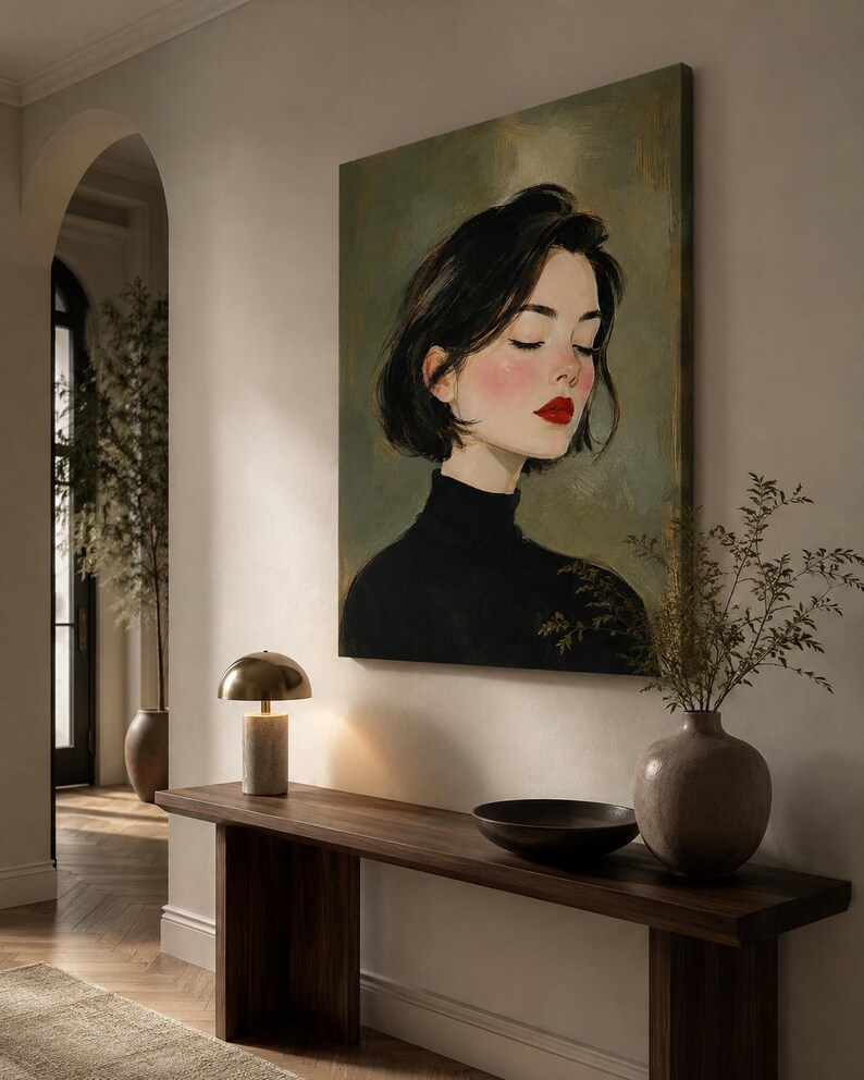 Puede incluir: Una impresi&oacute;n de arte mural rectangular que presenta el retrato de una persona con cabello corto oscuro, mejillas sonrosadas y labios rojos brillantes, vistiendo un su&eacute;ter de cuello alto negro sobre un fondo verde oliva con texturas visibles.