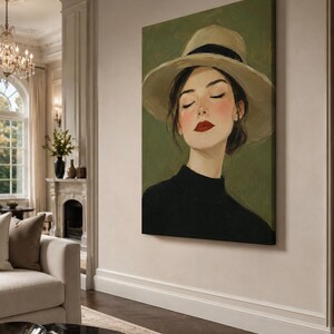 May include: A vertical canvas painting depicting a person with closed eyes, wearing a wide-brimmed beige hat with a black band and a black high-neck top. The subject has red lips and rosy cheeks, set against a solid, muted olive green background.