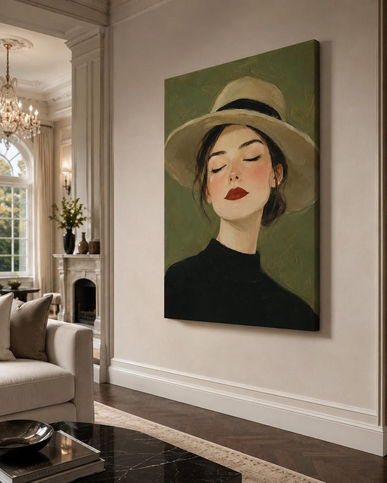 May include: A vertical canvas painting depicting a person with closed eyes, wearing a wide-brimmed beige hat with a black band and a black high-neck top. The subject has red lips and rosy cheeks, set against a solid, muted olive green background.