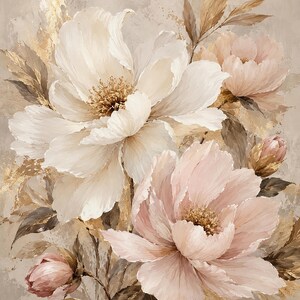 May include: A floral painting featuring large, layered white and soft pink peony blossoms with textured petals. The composition includes dark brown leaves and accents of metallic gold leaf against a neutral, beige, brush-stroked background.