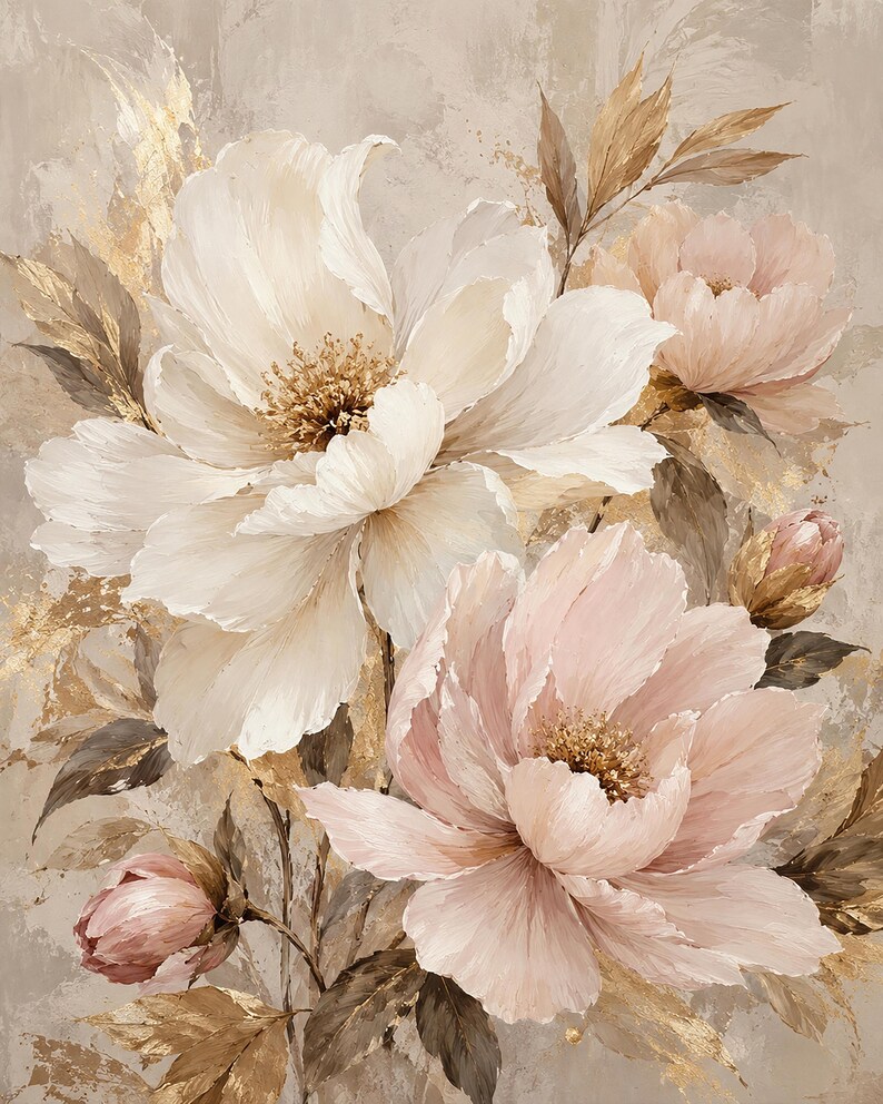 May include: A floral painting featuring large, layered white and soft pink peony blossoms with textured petals. The composition includes dark brown leaves and accents of metallic gold leaf against a neutral, beige, brush-stroked background.