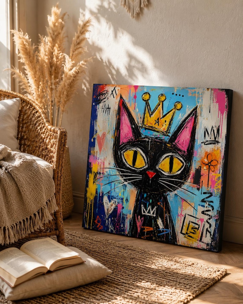 Pode incluir: Uma pintura em tela quadrada apresentando um gato preto estilizado com grandes olhos amarelos e uma coroa amarela. O fundo &eacute; uma mistura vibrante de respingos de tinta azul, rosa e laranja, rabiscos e s&iacute;mbolos abstratos de arte urbana.