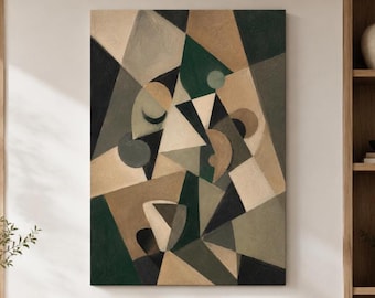 Arte abstracto geométrico en verde, beige y negro - lámina moderna