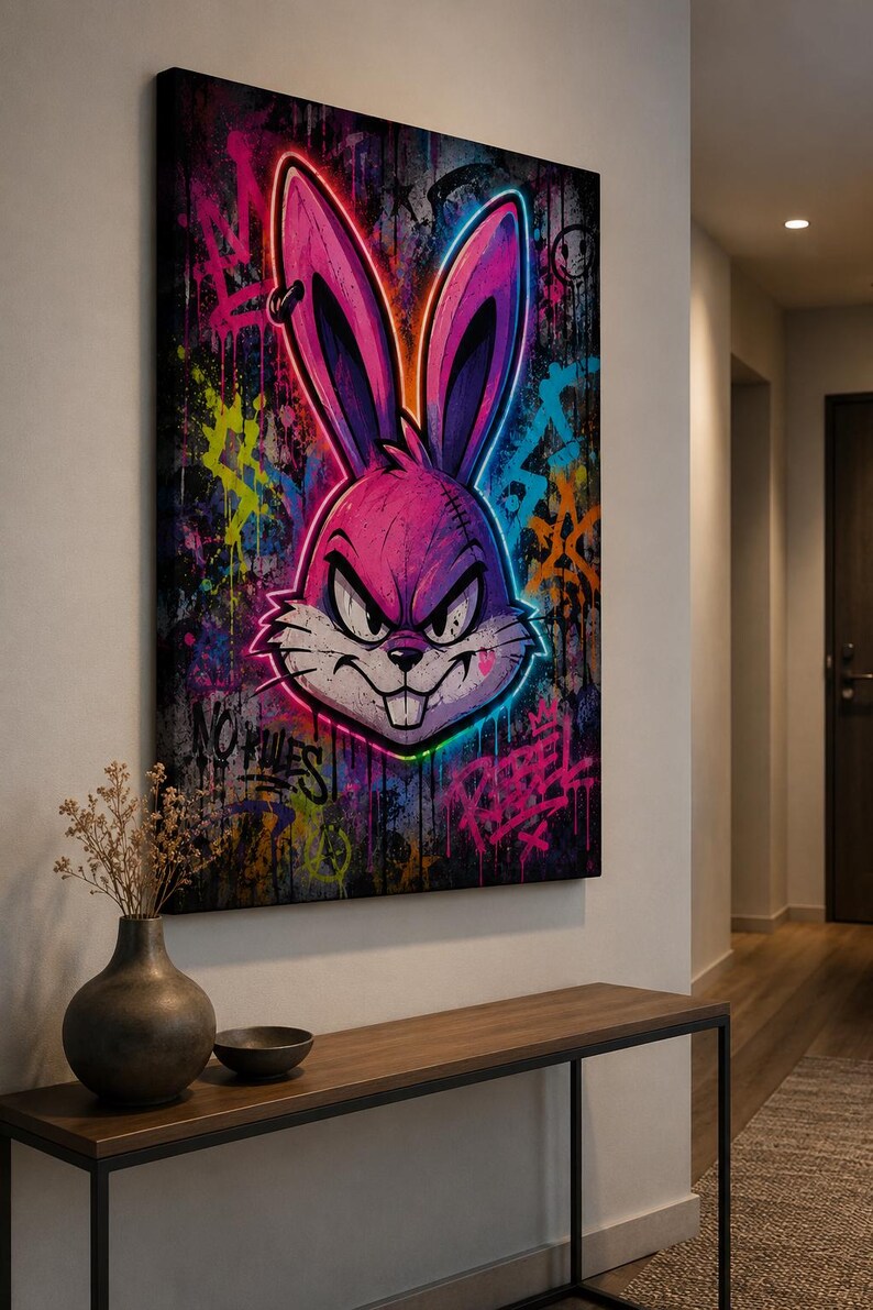 Peut inclure: Une impression d'art mural rectangulaire repr&eacute;sentant une t&ecirc;te de lapin rose stylis&eacute;e aux contours n&eacute;on avec une expression agressive. Le fond est un collage de style graffiti sombre et textur&eacute; avec des &eacute;claboussures de peinture bleue, jaune et rose, incluant le texte "NO RULES" et "REBEL" en lettres peintes &agrave; la bombe.