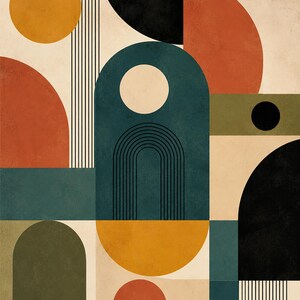 Puede incluir: Una impresi&oacute;n de arte mural geom&eacute;trico que presenta una composici&oacute;n de c&iacute;rculos, semic&iacute;rculos y arcos en tonos amarillo mostaza, naranja quemado, azul verdoso profundo, verde oliva y negro sobre un fondo crema texturizado con l&iacute;neas.