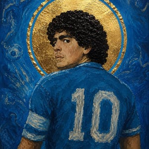 May include: An oil painting on canvas depicting a person with dark curly hair wearing a blue jersey with the number 10 on the back. A large gold circular halo is positioned behind the head, set against a textured blue background with faint silhouettes.