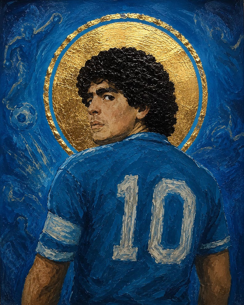 May include: An oil painting on canvas depicting a person with dark curly hair wearing a blue jersey with the number 10 on the back. A large gold circular halo is positioned behind the head, set against a textured blue background with faint silhouettes.