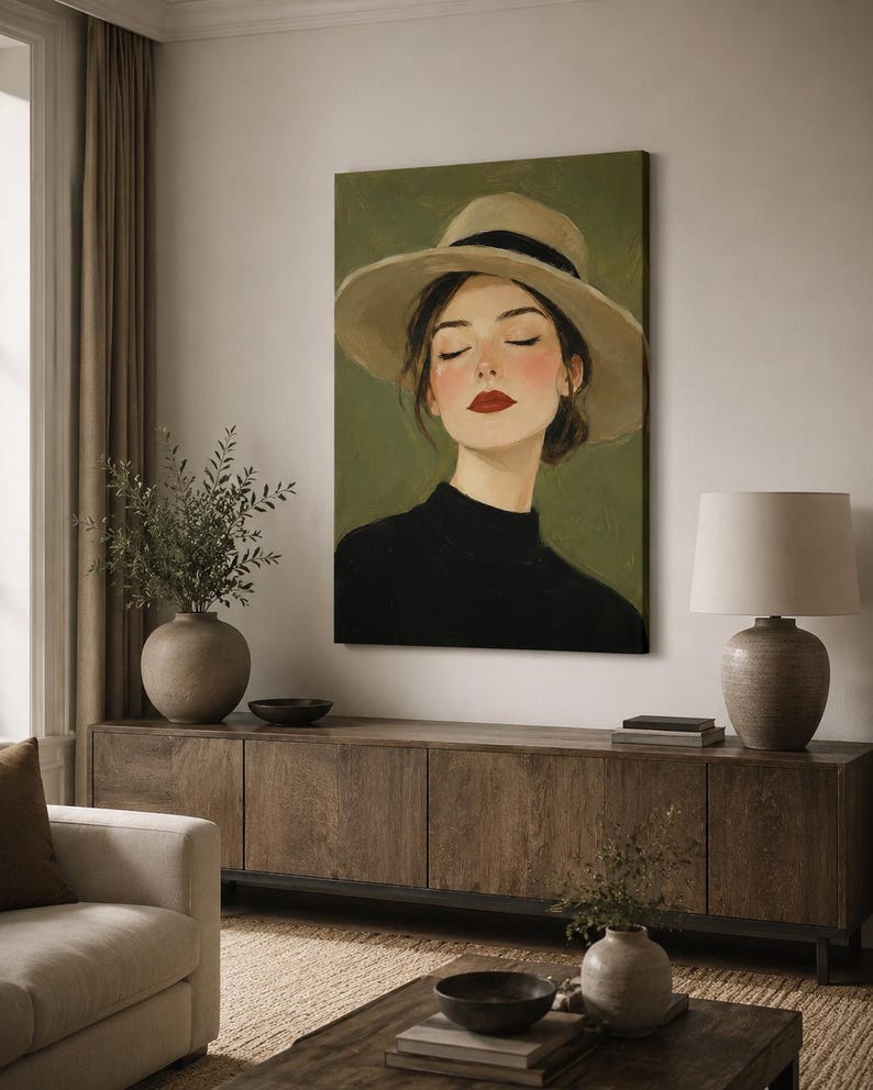 May include: A vertical canvas wall art print featuring a portrait of a person with closed eyes, wearing a wide-brimmed beige hat with a black band and a black high-neck top. The subject has red lipstick and rosy cheeks, set against a muted olive green background.