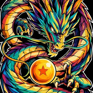 K&ouml;nnte beinhalten: Eine lebendige, mehrfarbige Illustration eines Drachen mit scharfen Schuppen in Blau-, T&uuml;rkis-, Gelb- und Oranget&ouml;nen. Der Drache hat lange Schnurrhaare, entbl&ouml;&szlig;te Z&auml;hne und Krallen und ist um eine leuchtende orangefarbene Kugel mit einem roten Stern gewickelt.