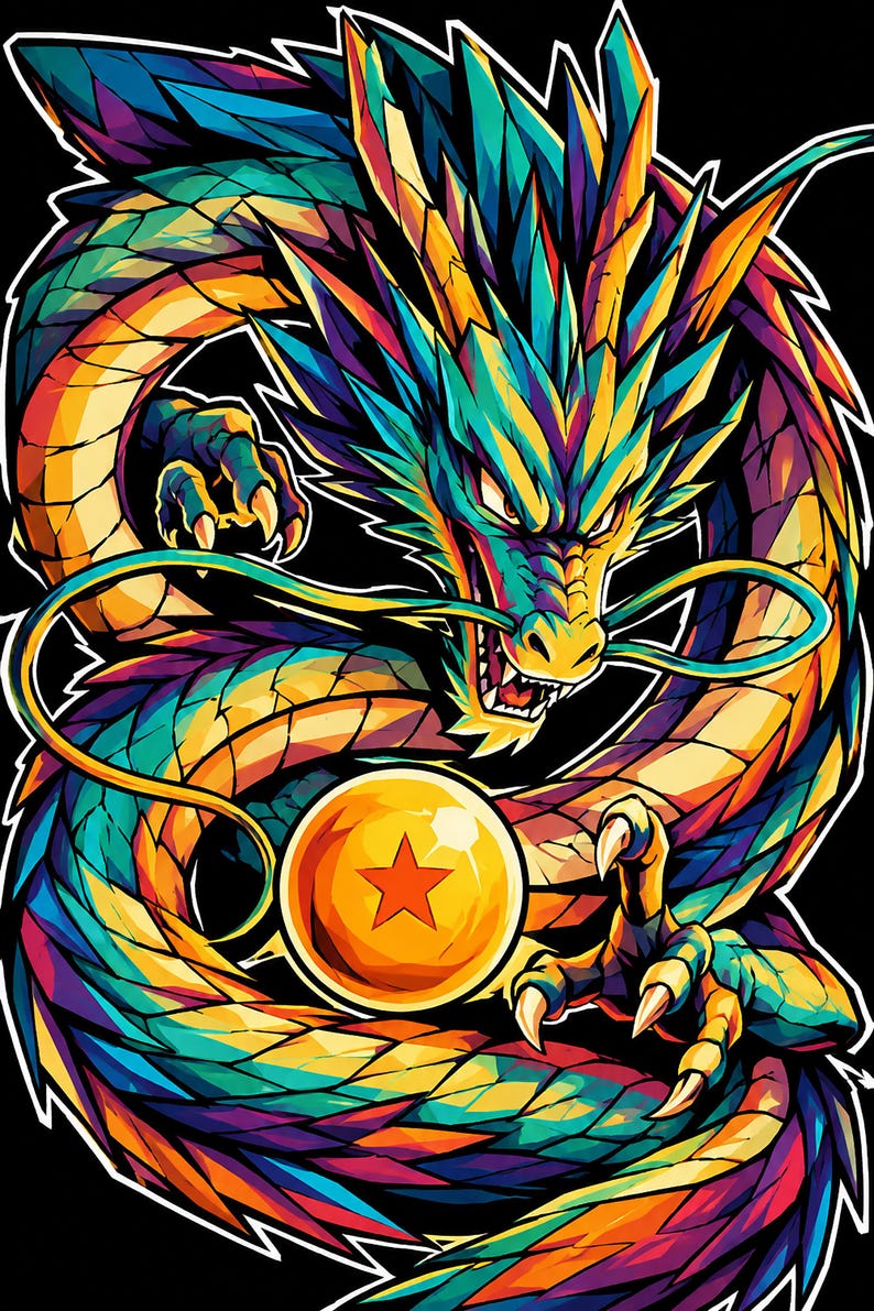 K&ouml;nnte beinhalten: Eine lebendige, mehrfarbige Illustration eines Drachen mit scharfen Schuppen in Blau-, T&uuml;rkis-, Gelb- und Oranget&ouml;nen. Der Drache hat lange Schnurrhaare, entbl&ouml;&szlig;te Z&auml;hne und Krallen und ist um eine leuchtende orangefarbene Kugel mit einem roten Stern gewickelt.
