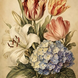 May include: A botanical illustration featuring a large white lily with dark stamens, a cluster of blue and light purple hydrangea blossoms, and three tulips in shades of deep red, yellow, and soft pink, all set against a neutral background.